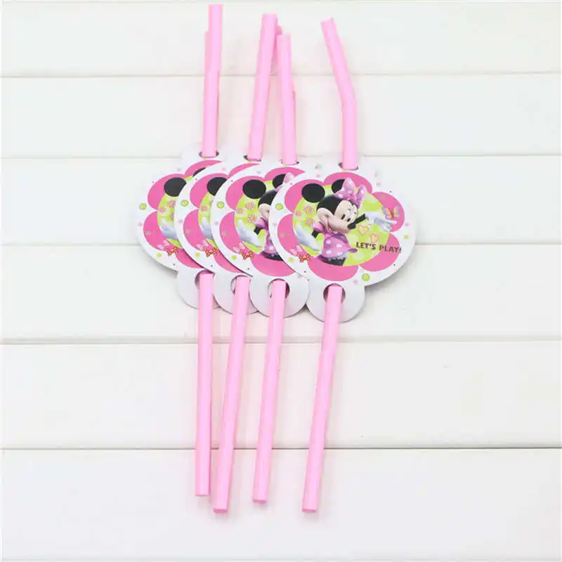 10pcs straw Дети День рождения Минни Маус украшения набор вечерние принадлежности бумажный стаканчик, тарелка салфетки баннер/флаг шляпа соломенная коробка конфет - Color: 10pcs straw