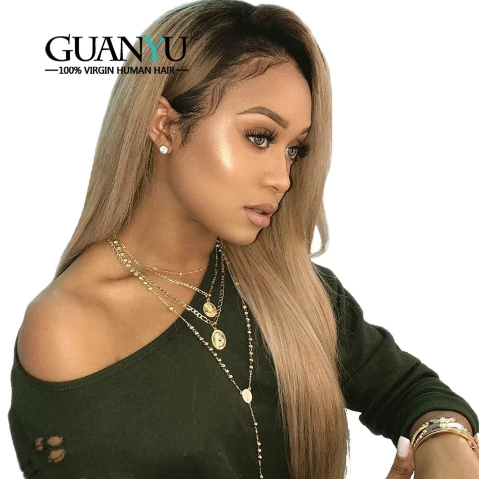Guanyuhair Ombre 1B/27 человеческие волосы на кружеве парики 150% плотность медовый блонд 360