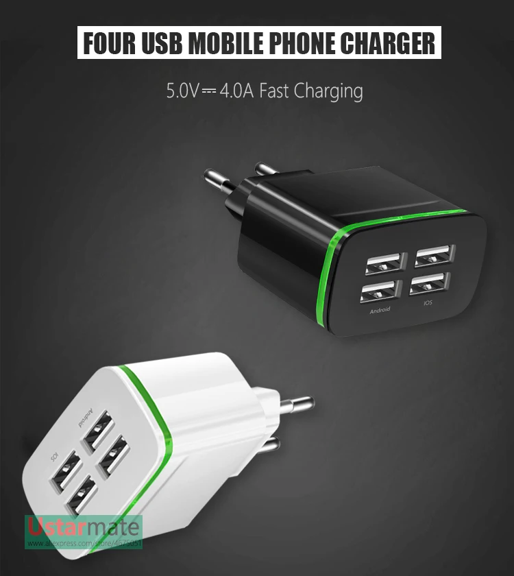 4 порта USB зарядное устройство для iPhone samsung huawei мобильный телефон Универсальный Путешествия Быстрая зарядка светодиодный светильник настенный адаптер ЕС Plug