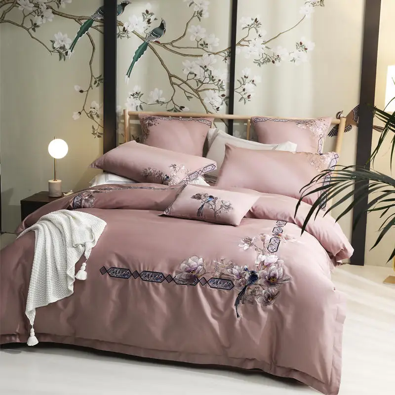 60s long staple cotton Bedding Set luxury embroidery Bed Light pink Duvet Cover Sheet Pillowcases Queen King size | Дом и сад