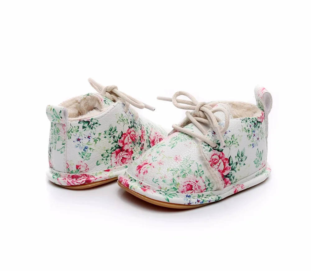 VIP Dropshiping lace up floral printing baby moccasins super warm PU leather fur winter baby shoes toddler girls boys snow boots