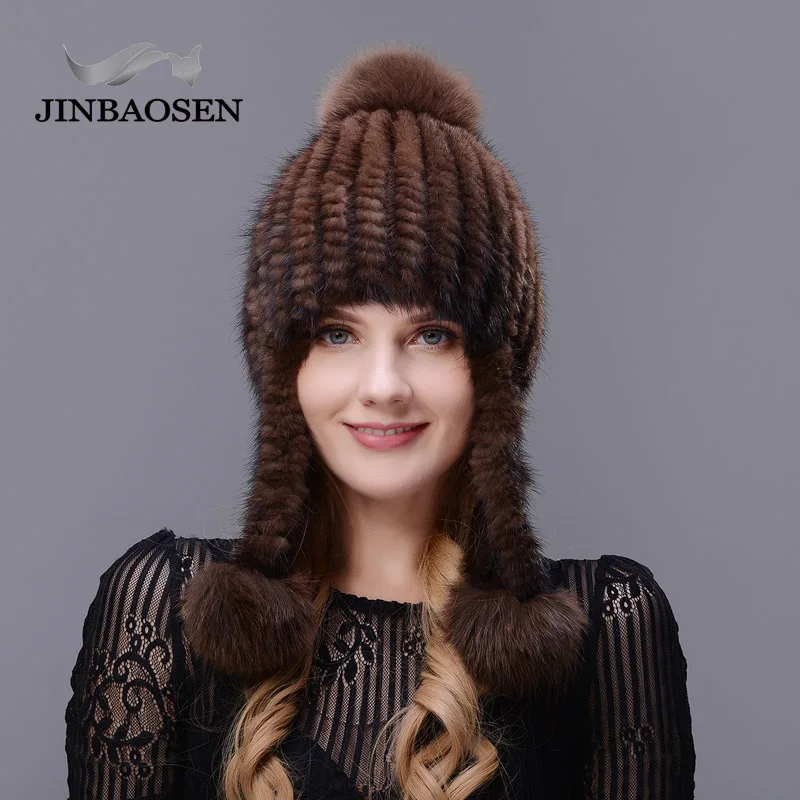 JINBAOSEN натуральная норковая шапка Rex женская зимняя Толстая теплая Модная вязаная