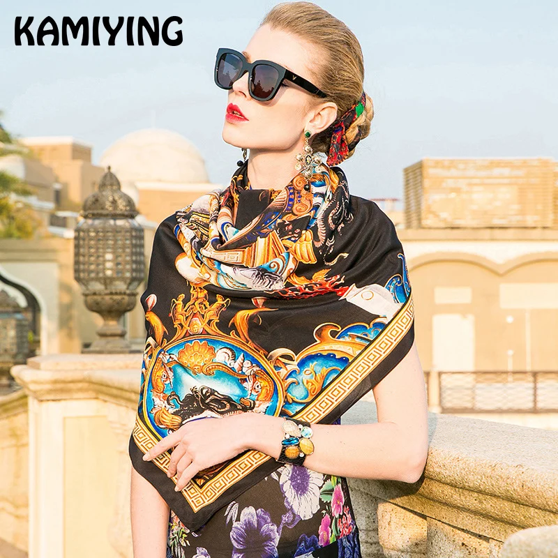 KAMIYING 2018 сезон: весна–лето Новый Шелковый шарф платок с принтом мягкий свет шаль
