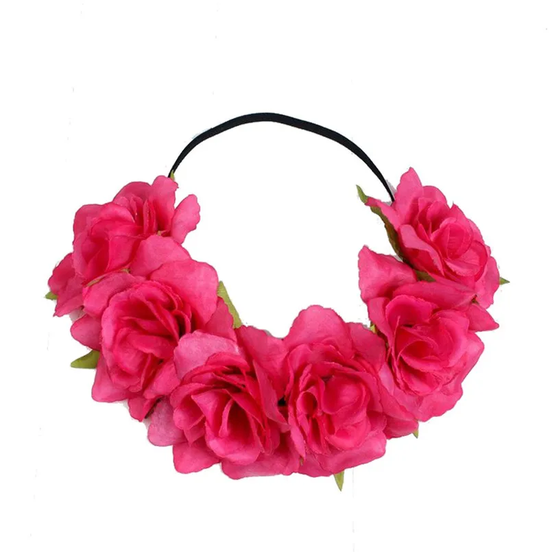 Розово-красный New Large Rose Flower Forehead Hair Headband Hair Crown Summer Festival Garland S1 - Цвет: Розово-красный