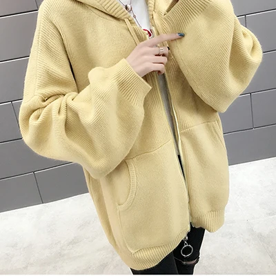 yellow z85 Весна осень Женская Новая мода дикий свитер пальто леди Корейская версия Твердые свободные тонкие с капюшоном на молнии вязаный кардиган пальто - Цвет: yellow z85