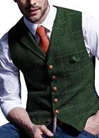 mens suit vest notched plaid wool herringbone tweed waistcoat casual formal business groomman for wedding greenblackgreengrey