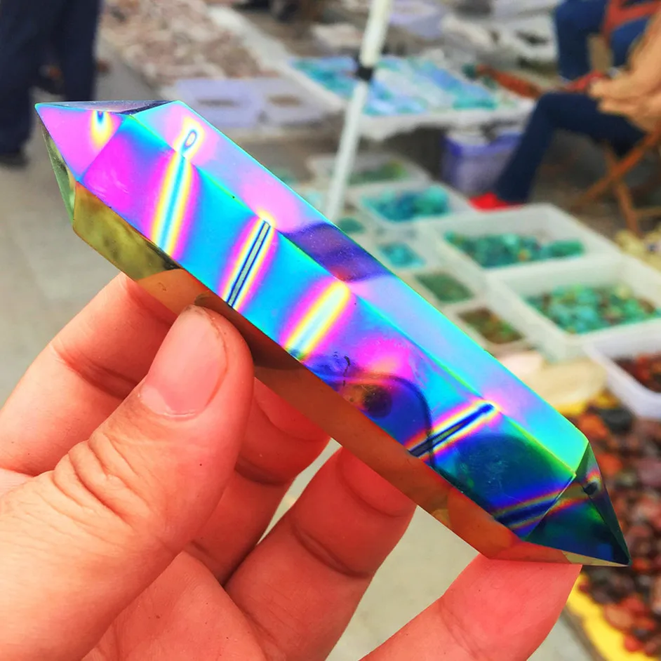 1pcs Rare and beautiful blue + purple flame halo quartz carved double pointed column crystal clusters | Дом и сад