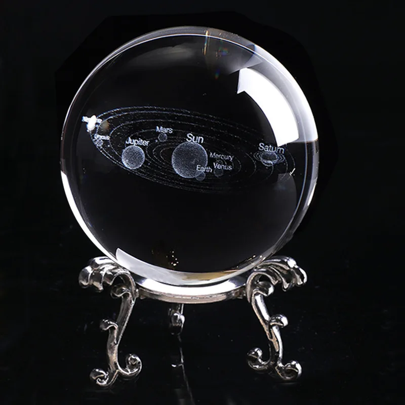 with silver base Новинка, 6 см, 3D солнечная система, глобус, хрустальный шар, светодиодный светильник, базовая модель, сфера, стеклянный шар для домашнего декора, подарок - Color: with silver base