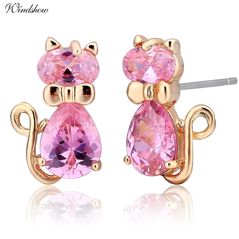Yellow Gold Color Cute Bow Knot Pink Crystals CZ Cats Stud Earrings for Women Children Girls Kids Gatos Jewelry bijoux Aros|earring stopper|stud