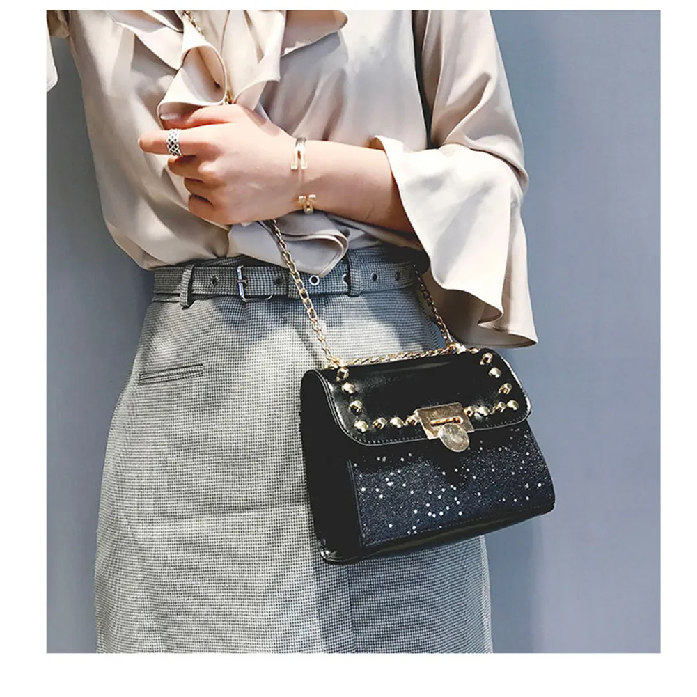 Шикарный Для женщин плечо Cross-body цепи мешок моды заклепки сумка блестка клапаном