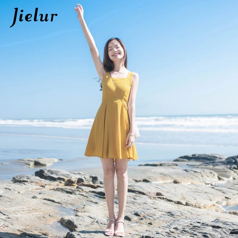 Jielur новый летний корейский для отдыха желтый Для женщин платья однотонное без