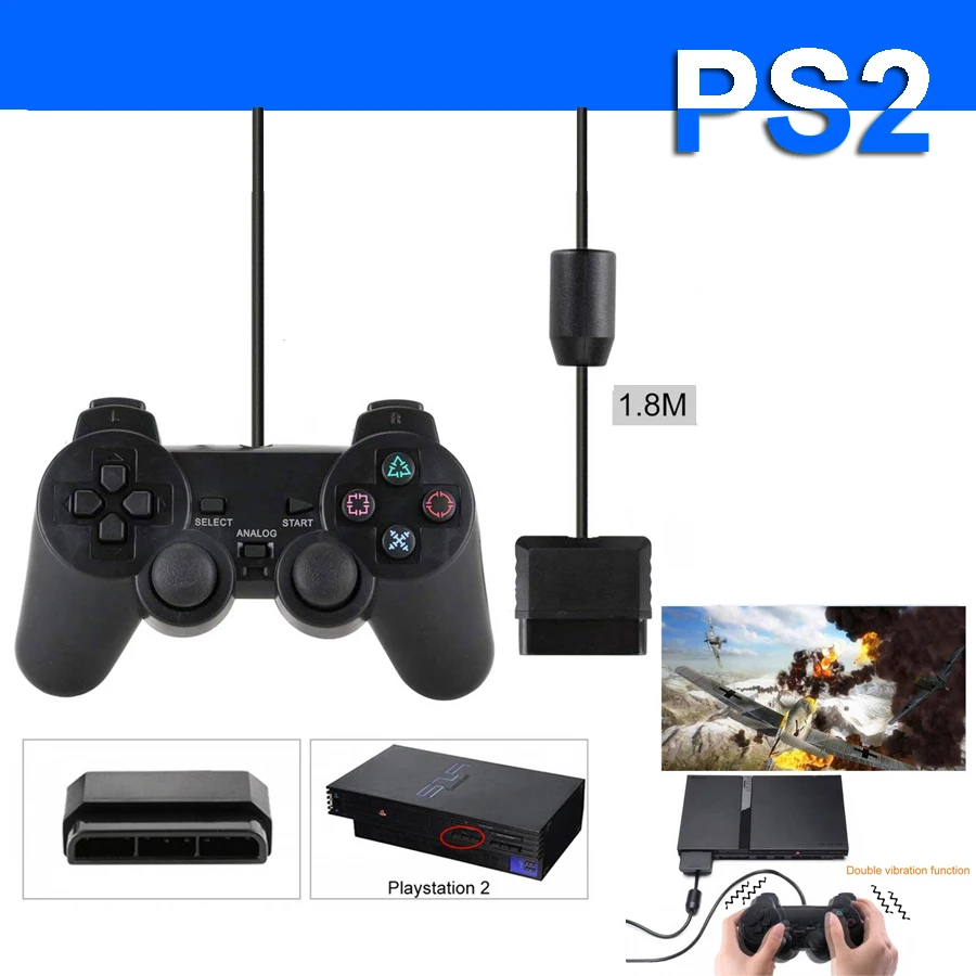 Проводной геймпад двойной вибрации шок контроллер Черный джойстик для sony Playstation 2