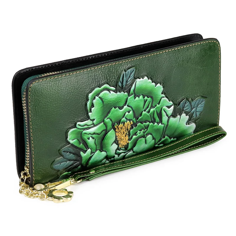 Женский зеленый кошелек Дамский Длинные кошельки для монет с тиснением и цветком