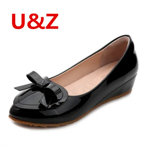 black cute bow Элегантные офисные женские туфли-лодочки черные/бежевые туфли из лакированной кожи на небольшой танкетке 4 см милые туфли-лодочки с бантиком маленькие размеры 31-40 для студентов - Цвет: black cute bow