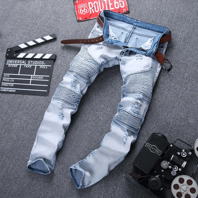 

2017 Fashion New Large Size 42 Locomotive Fold Hole Jeans Men's Elastic Slim Pants Pants Young Street Pants