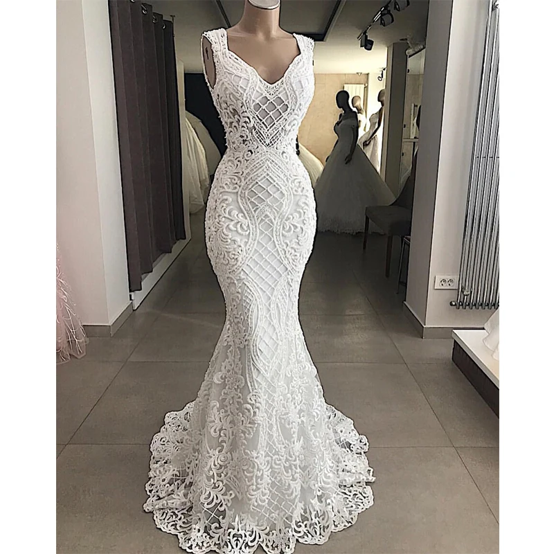 Robe De Mariee Elegant Cut-Out Lace Mermaid Wedding Dress Sleeveless Hollow Out Wedding Bridal Gowns Dress Vestido de Noiva