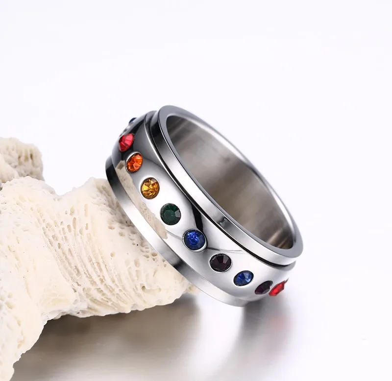 Радуга Кристалл ЛГБТ кольцо Полировки 8 мм Ширина Нержавеющая сталь двухэтажные
