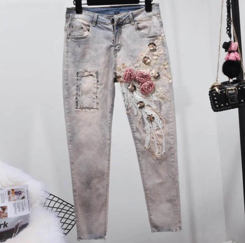 Женский джинсовый костюм с блестками повседневный облегающий из двух предметов: