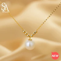 SA SILVERAGE18K Yellow Gold Freshwater Pearl Pendant Necklaces for Woman Pink/White/Purple Round Ball Pearl Necklaces Trendy