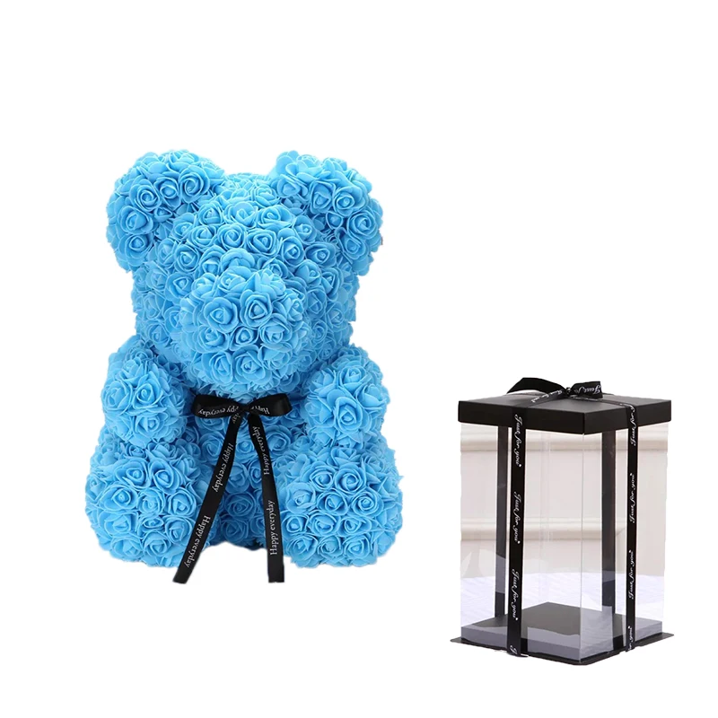 Blue with box Мультфильм 25 см красная роза медведь Искусственные из ПЭ цветы плюшевый медведь Валентина Дети подарки на день рождения на Рождество Домашний декор дропшиппинг - Цвет: Blue with box