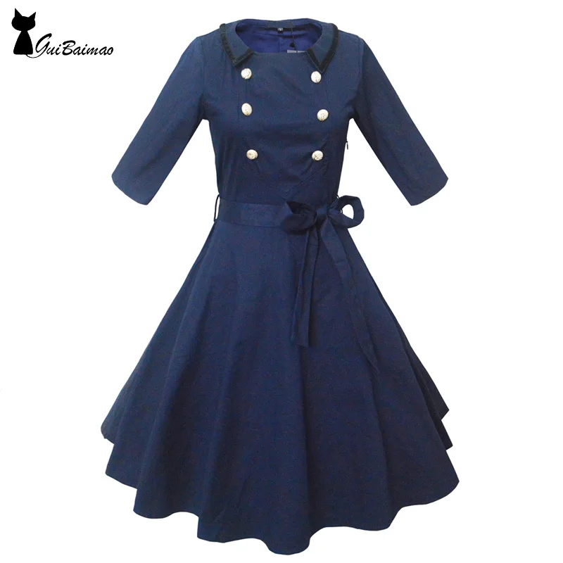 Темно-синее винтажное платье фигуристки с отложным воротником и рукавом три