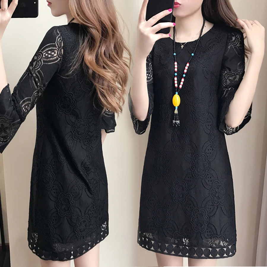 Wrap Party Black White Lace Dress Women Retro Vintage Midi Floral Holow Out Dresses Polka Dot Dantel Crochet C0140H | Женская одежда