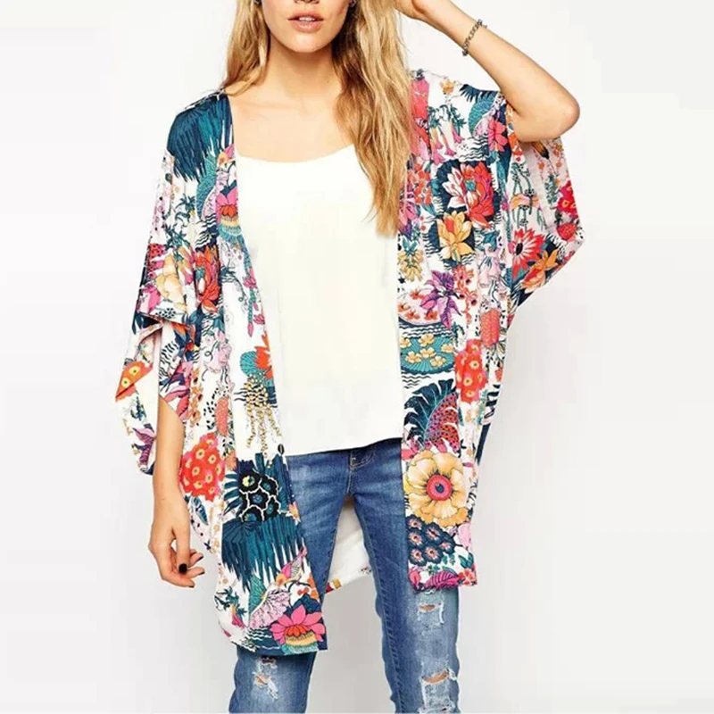 Singwing Women Summer Kimono Print Floral Blouses Loose Type Chiffon Kimonos Regular Printed bohemian Blouse | Женская одежда
