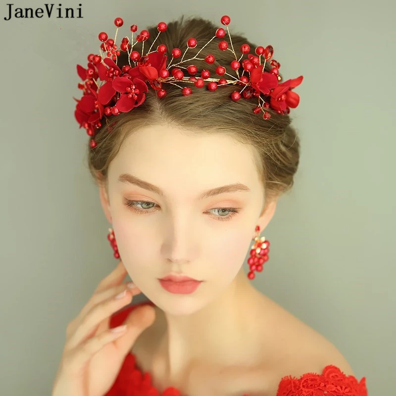 

JaneVini Handmade Wedding Crowns Headband with Earrings Princess Party Headdress Romantic Red Bridal Jewelry Hair Accessories