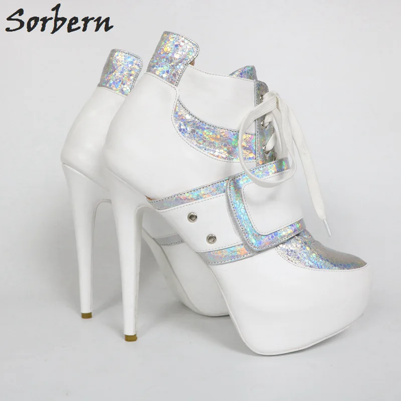 Женские ботильоны на высоком каблуке серебристые с блестками | Обувь