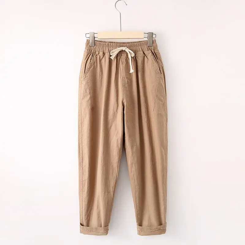 Light brown Хлопковые льняные штаны для женщин, Свободные повседневные штаны-шаровары, женские уличные штаны на шнуровке с высокой талией, женские брюки Q1636 - Цвет: Light brown