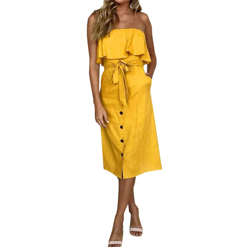 Элегантные женские желтый рюшами от плеча лук галстук платье Для женщин 2018 Лето