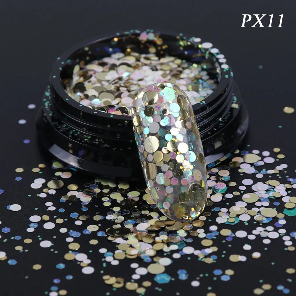PX11 3D Блестки для ногтей, Смешанные Круглые шестигранники, блестящие голографические чешуйки для ногтей, Русалка, блестки, акриловые, сделай сам, маникюрные советы, LAPX01-12 - Цвет: PX11