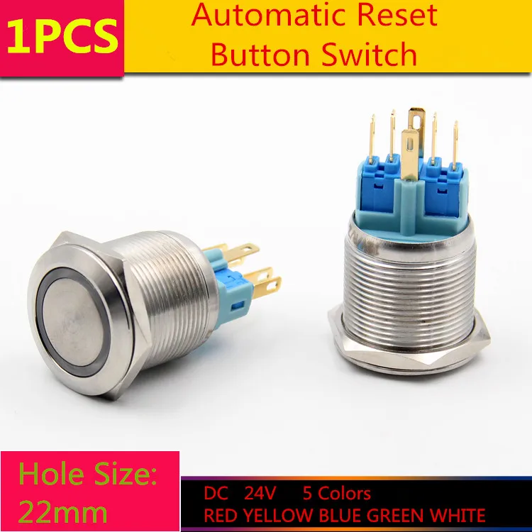 

1PCS YT1077 Metal case Hole Size 22 mm Automatic Reset Switch Metal push button switch With LED Light DC 24V