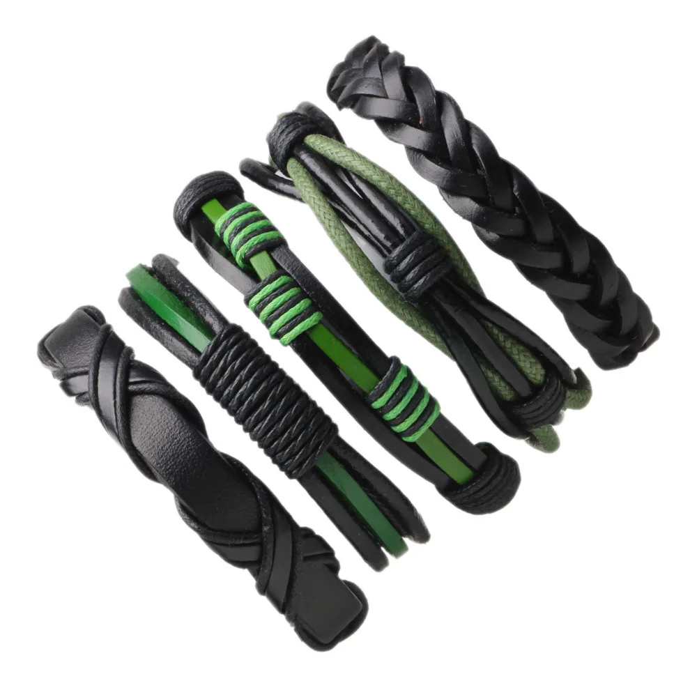 5pcs/set Boho Gypsy Hippie Punk Brown Black Leather Green Cord Wrap X Knot Layers Stacked Bracelets Set for Man Wrist Jewelry | Украшения и