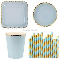 Mint Blue Yellow Pink Paper Cups Party Paper Plates Paper Straws Gold Tableware wedding decoration Party Shabby Chic Party