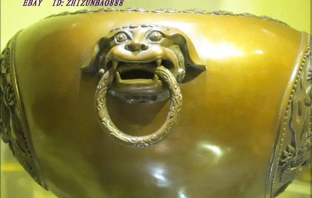 Китайская коллекция красная медь два дракона ИГРАТЬ мяч лев подъемное кольцо