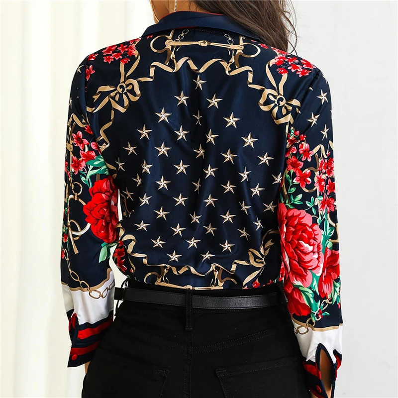 2019 Spring Women Elegant Party Loose Button Shirt Turn-down Collar Female Floral &amp Chains Print Casual Long Sleeve Blouse |