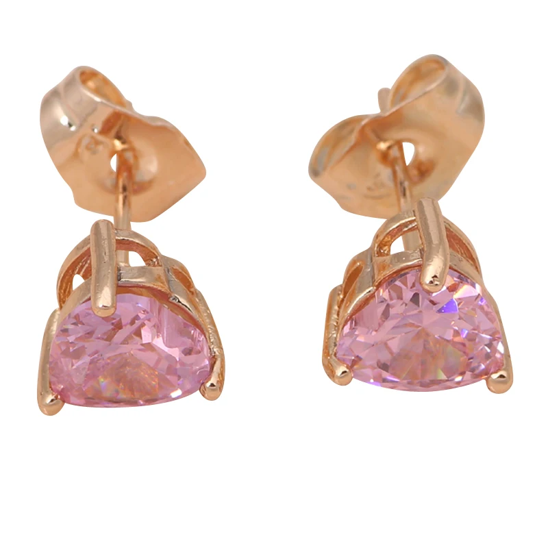 Серьги-гвоздики в форме сердца золотого тона с розовыми кристаллами для женщин