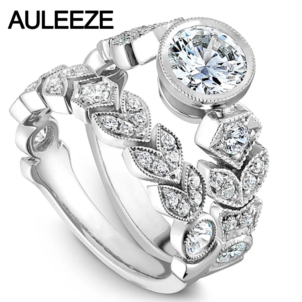 

Unique Leaf Moissanites Wedding Sets Fine Jewelry 14K White Gold Rings Bezel Lab Grown Diamond Ring Art Deco Wedding Ring Set