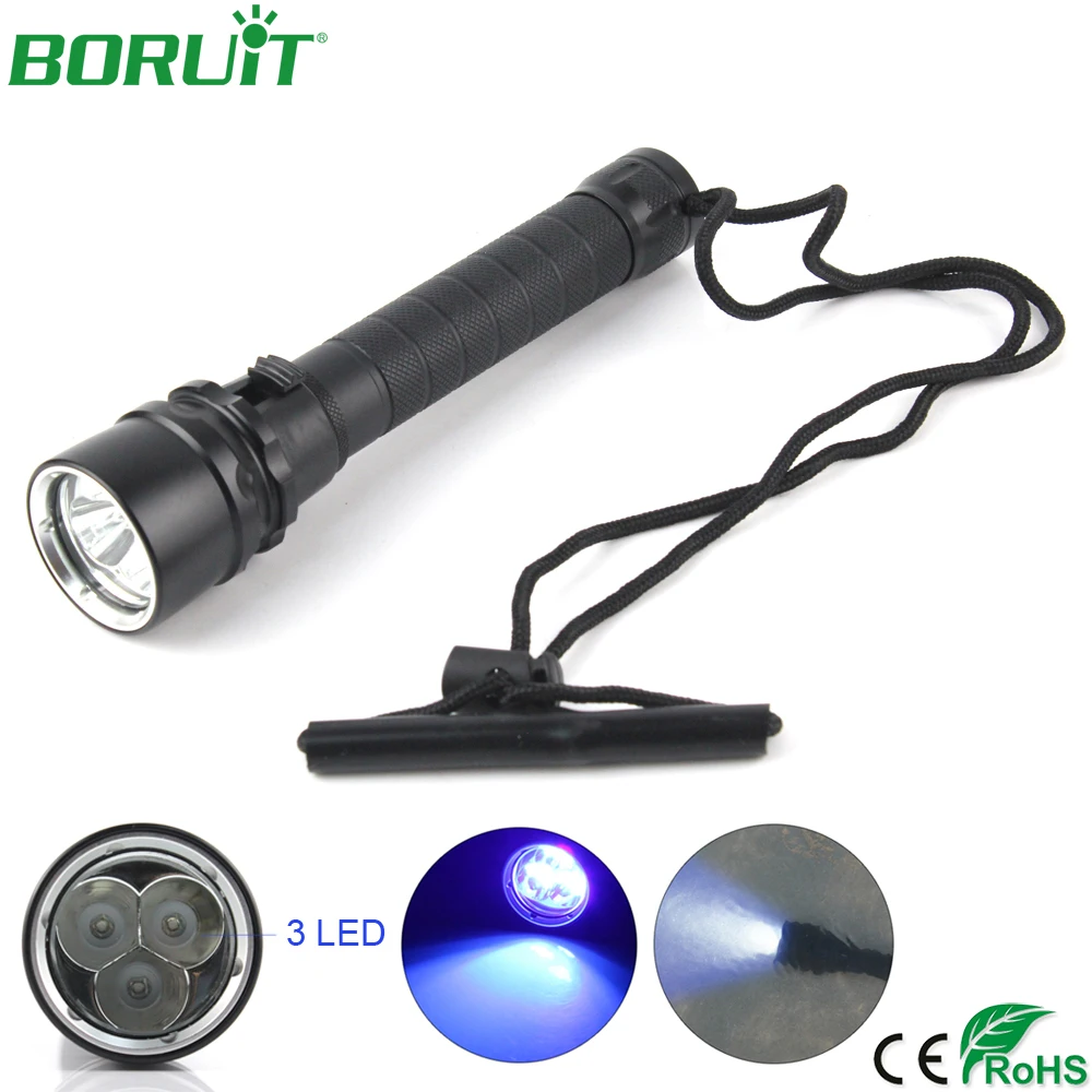 BORUiT УФ светодиодный фонарик 395нм Ультрафиолетовый Дайвинг фонарь подводный 100 м