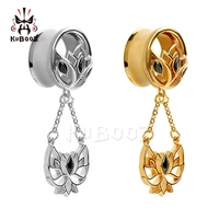 kubooz piercing stainless steel dangle ear plugs and tunnels lotus crystal expanders pair selling gauges earrings 2pcs