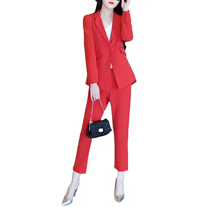 Женский брючный костюм блейзер с длинным рукавом и брюки на одной пуговице весна