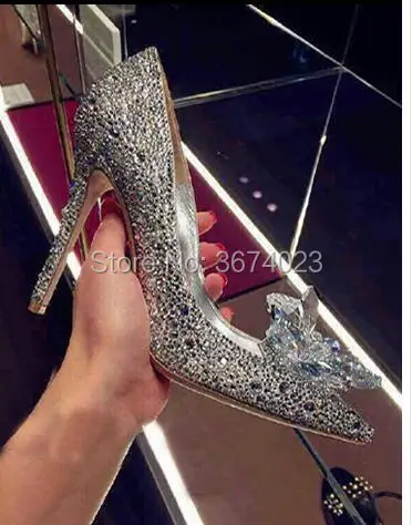 Qianruiti Wedding Shoes Women Cinderella Crystal Pumps Slip On Diamonds Pointed Toe Stilettos Bridal Bling 11 cm 9 7 | Обувь
