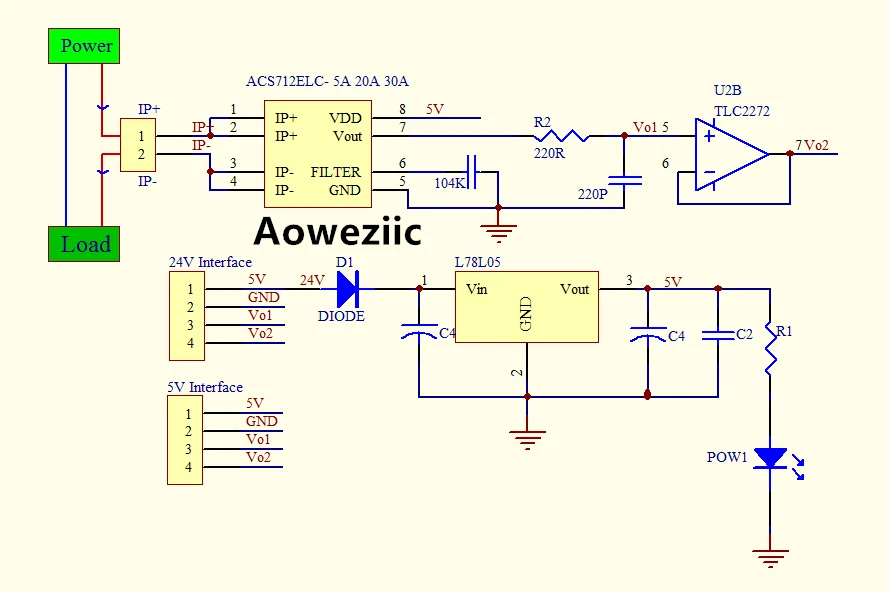 Aoweziic - Датчик тока модуль ACS712 20A ACS712ELCTR-20A ACS712TELC-20A 0-20A с выходным напряжением 0.1 В/1 А, питание 5 В или 24 В.