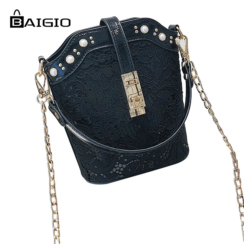 BAIGIO Bucket Bag Pink Elegant Embroidery Hasp Pearl Chaim Crossbody Small Evening Shoulder PU Leather Bags | Багаж и сумки