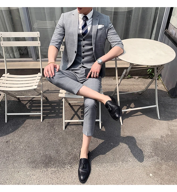 Plyesxale летние костюмы для мужчин Свадебный костюм для мужчин Slim Fit серый клетчатый формальный костюм костюмы, куртки, брюки жилет дропшиппинг Q309