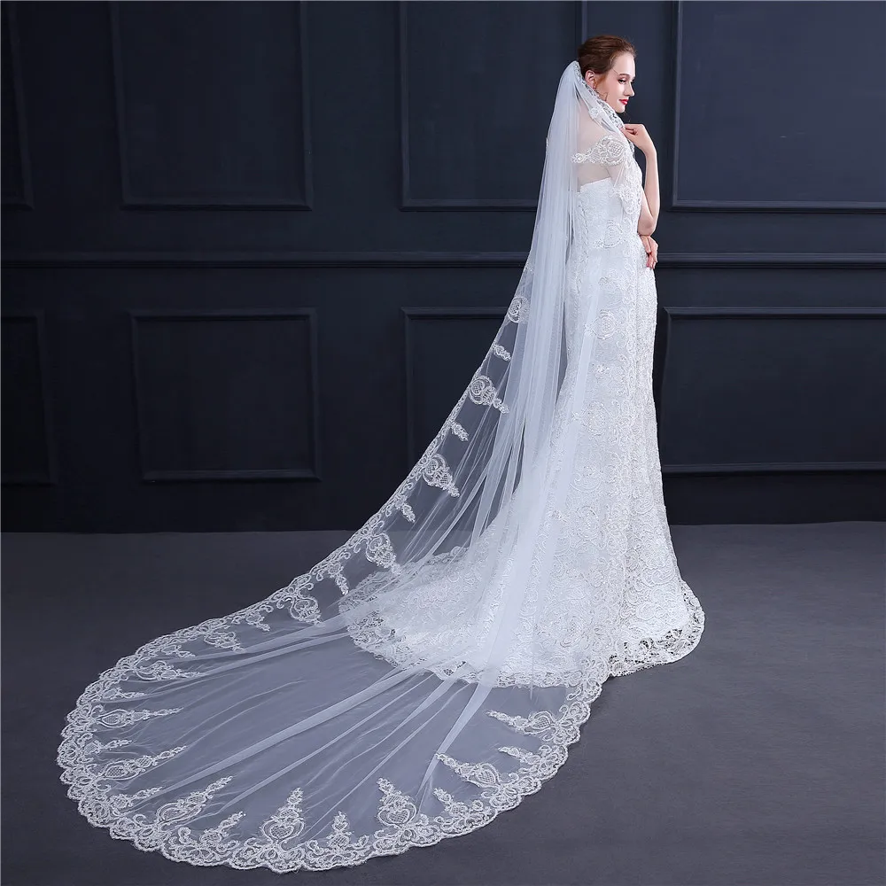 

Hot sale White Ivory brides Veils for wedding 3m Long luxury Cathedral Bridal Veil Appliques Wedding Accessories Veu De Noiva