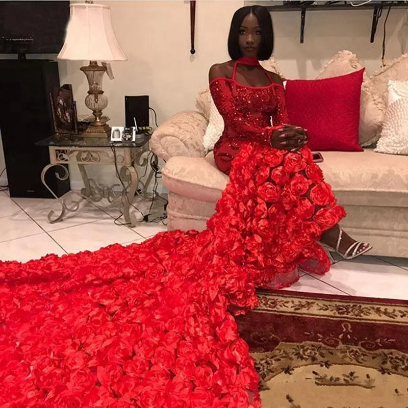 Sexy Red Mermaid Prom Dresses African Long Sleeves Sequined Floral Appliques Women Formal Dress Plus Size Custom Made