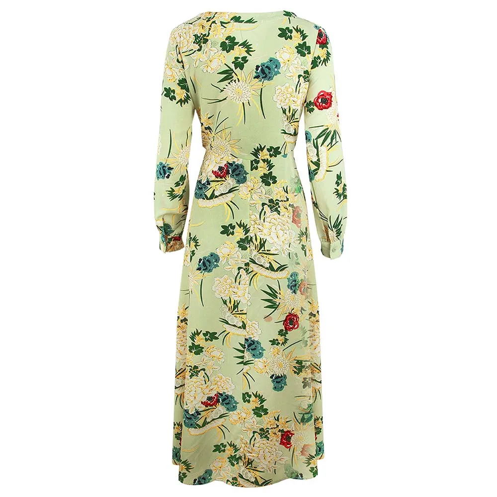 

Holiday Ankle-Length Dress Pop Printing Floral Dresses Sashes Causal A-Line Dress Long Sleeve V-Neck Empire Vestidos