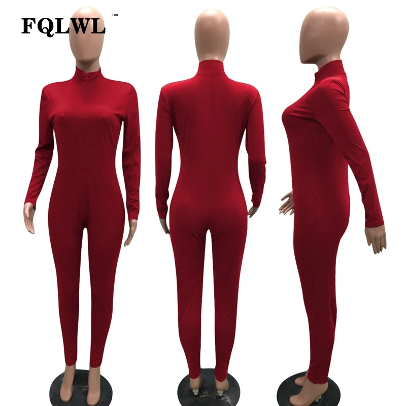 FQLWL, длинный рукав, черный сексуальный Облегающий комбинезон для женщин, на молнии, v-образный вырез, Обтягивающие Комбинезоны, женский комбинезон, женский комбинезон, уличная одежда, комбинезоны